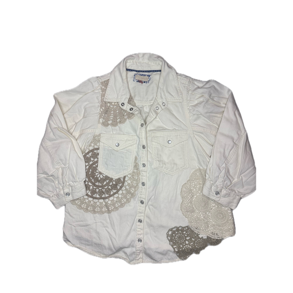 Anthro pilcro crochet light denim button down shirt jacket